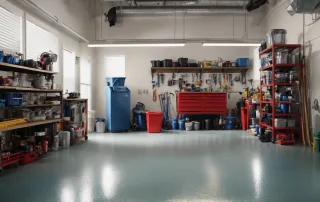 a shiny, pristine epoxy-coated garage floor reflects the organized tools and storage in a well-lit fort worth home.
